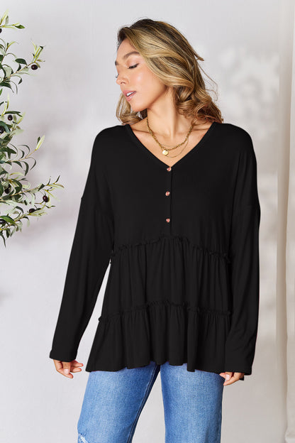 Double Take Half Button Long Sleeve Ruffle Hem Blouse Apparel/Tops Double Take Ship from USA TikTok Tops Trendsi USPS Walmart Walmart Apparel Trendsi https://www.cyberehub.com