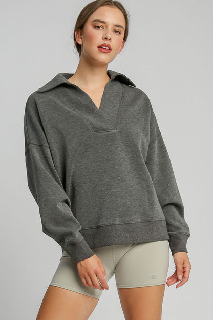 Umgee Johnny Collar Dropped Shoulder Sweatshirt Charcoal Apparel/Tops Ship from USA TikTok Tops Trendsi Umgee USA USPS Walmart Walmart Apparel Trendsi https://www.cyberehub.com