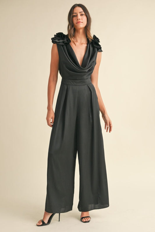 MABLE 3D Floral Applique Deep Cowl Neck Jumpsuit Black Bottoms Bottoms Clothing MABLE Pants Ship from USA Women Trendsi https://www.cyberehub.com