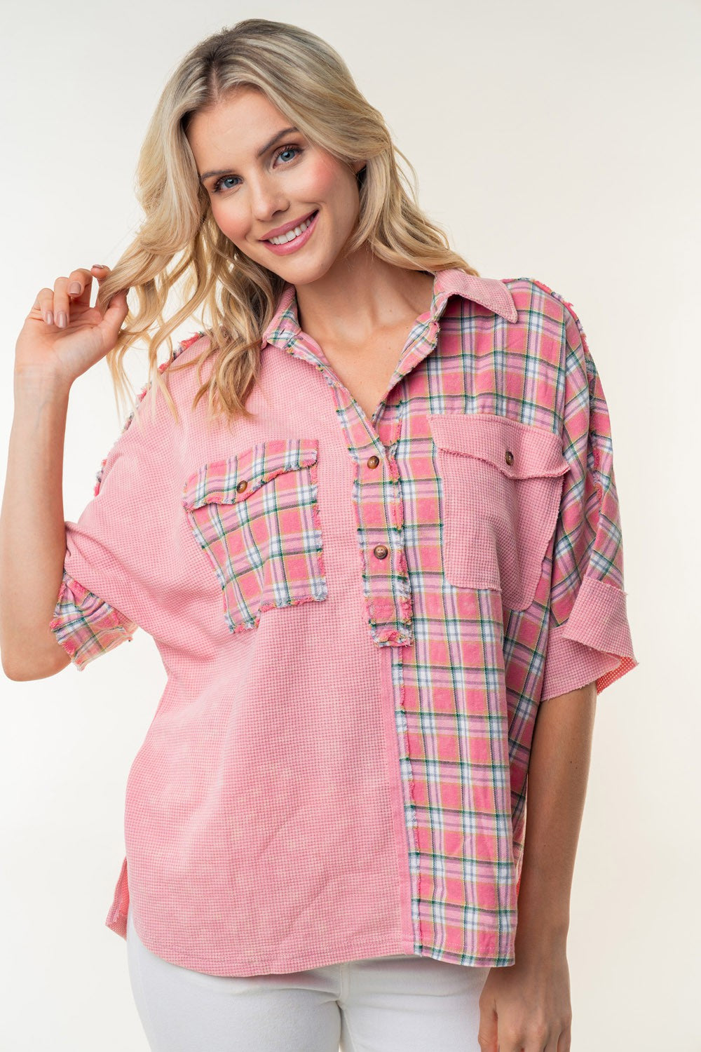 White Birch Plaid Color Block Half Button Top Apparel/Tops Ship from USA TikTok Tops Trendsi USPS Walmart Walmart Apparel White Birch Trendsi https://www.cyberehub.com