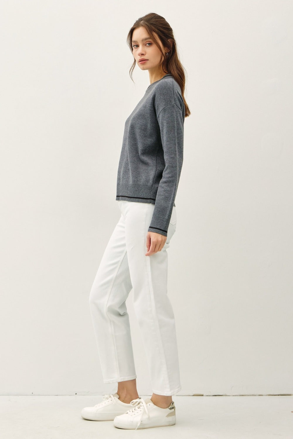 Be Cool Striped Trim Round Neck Long Sleeve Sweater Tops/Jackets/Sweaters BE COOL Clothing Tops Ship from USA TikTok Trendsi USPS Walmart Trendsi https://www.cyberehub.com