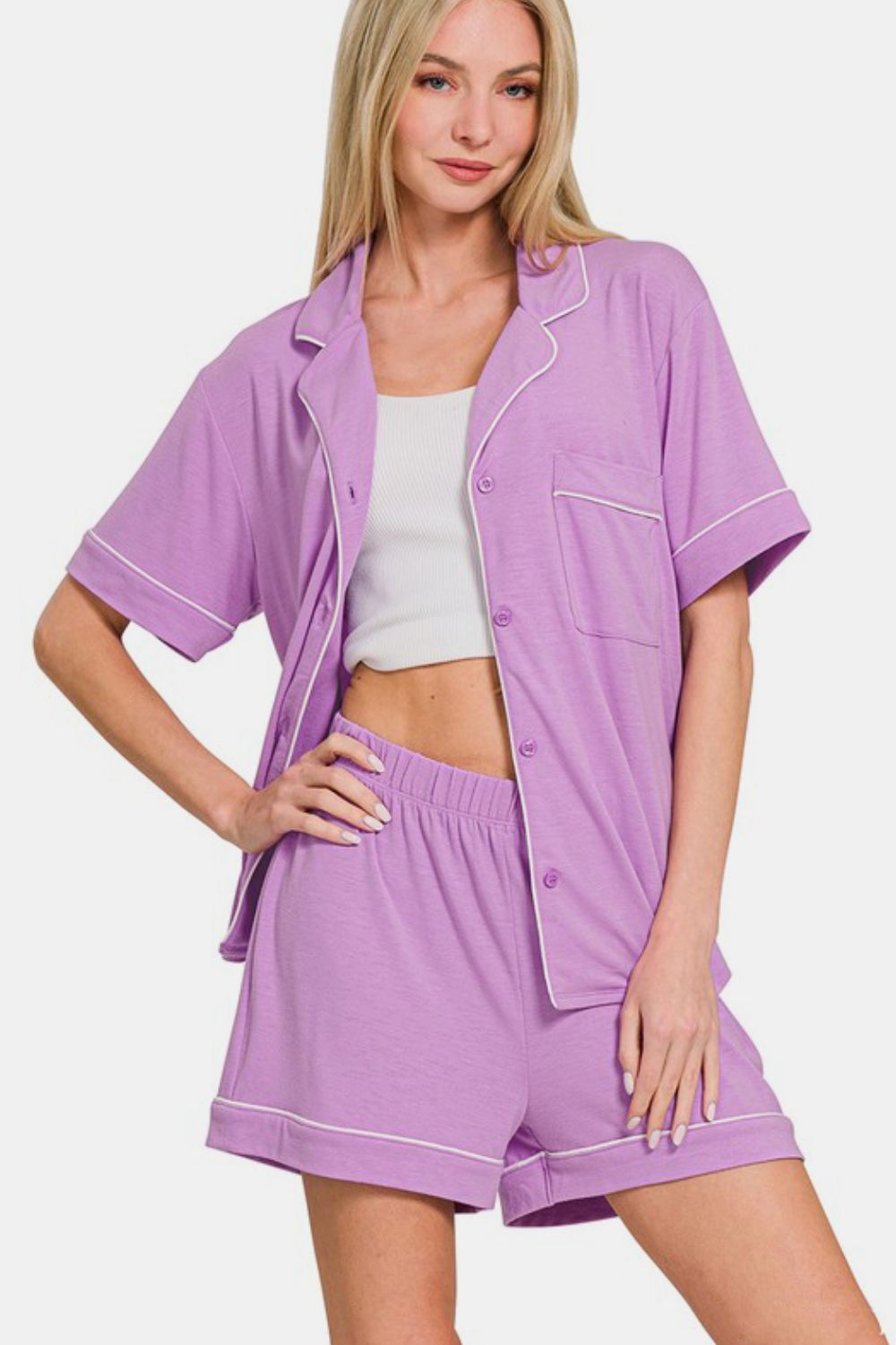 Zenana Button Down Short Sleeve Top and Shorts Lounge Set Apparel Apparel Ship from USA TikTok Trendsi Zenana Trendsi https://www.cyberehub.com