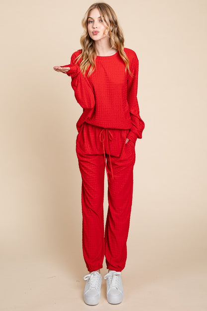 Super Lady Full Size Crinkle Check Round Neck Top and Pants Lounge Set Red Apparel/Tops Ship from USA Super Lady TikTok Tops Trendsi USPS Walmart Walmart Apparel Trendsi https://www.cyberehub.com