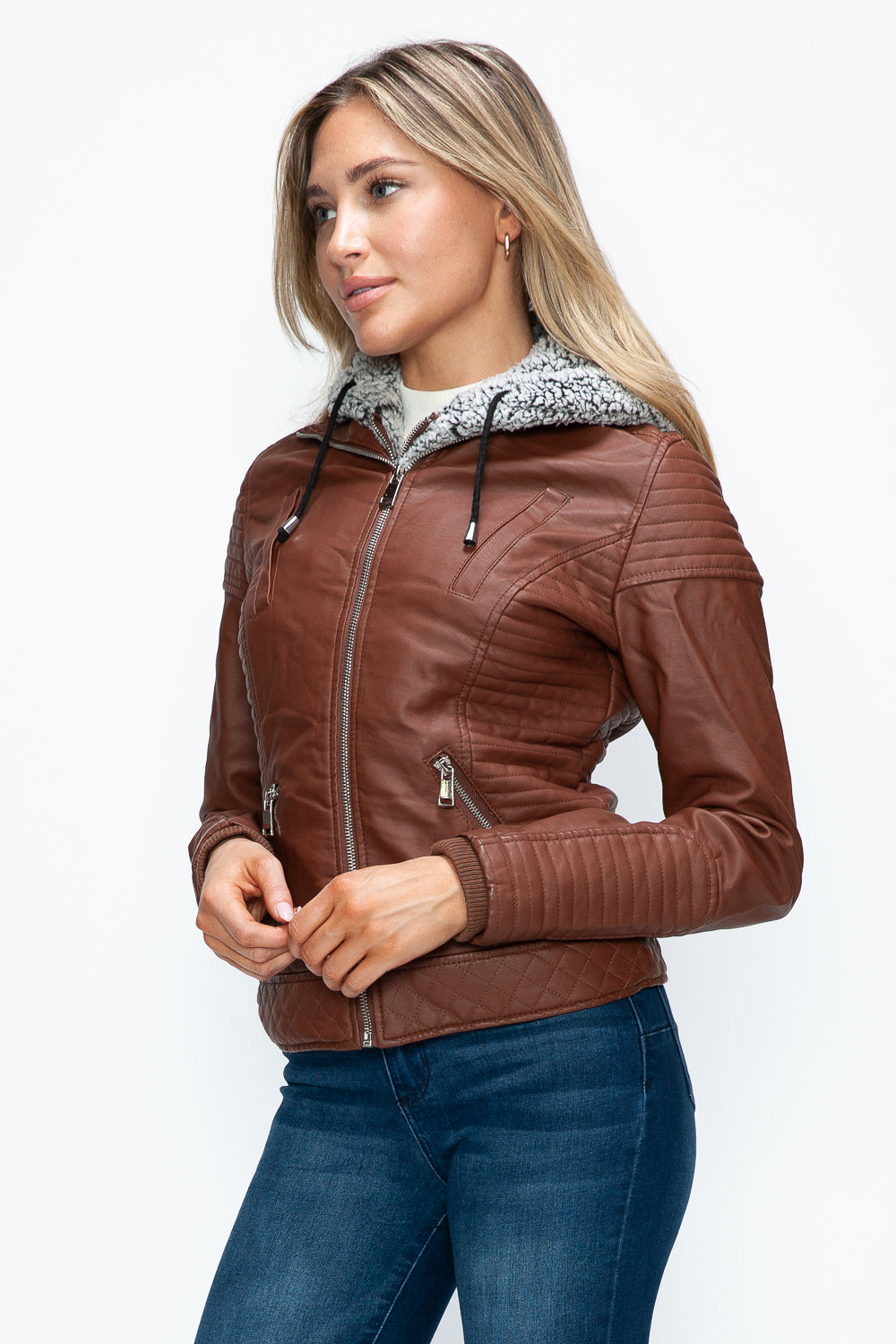 YMI Faux Layered Double-Zipper Jacket with Fuzzy Hood Tops/Jackets/Sweaters Clothing Tops Ship from USA TikTok Trendsi USPS Walmart YMI outerwear Trendsi https://www.cyberehub.com