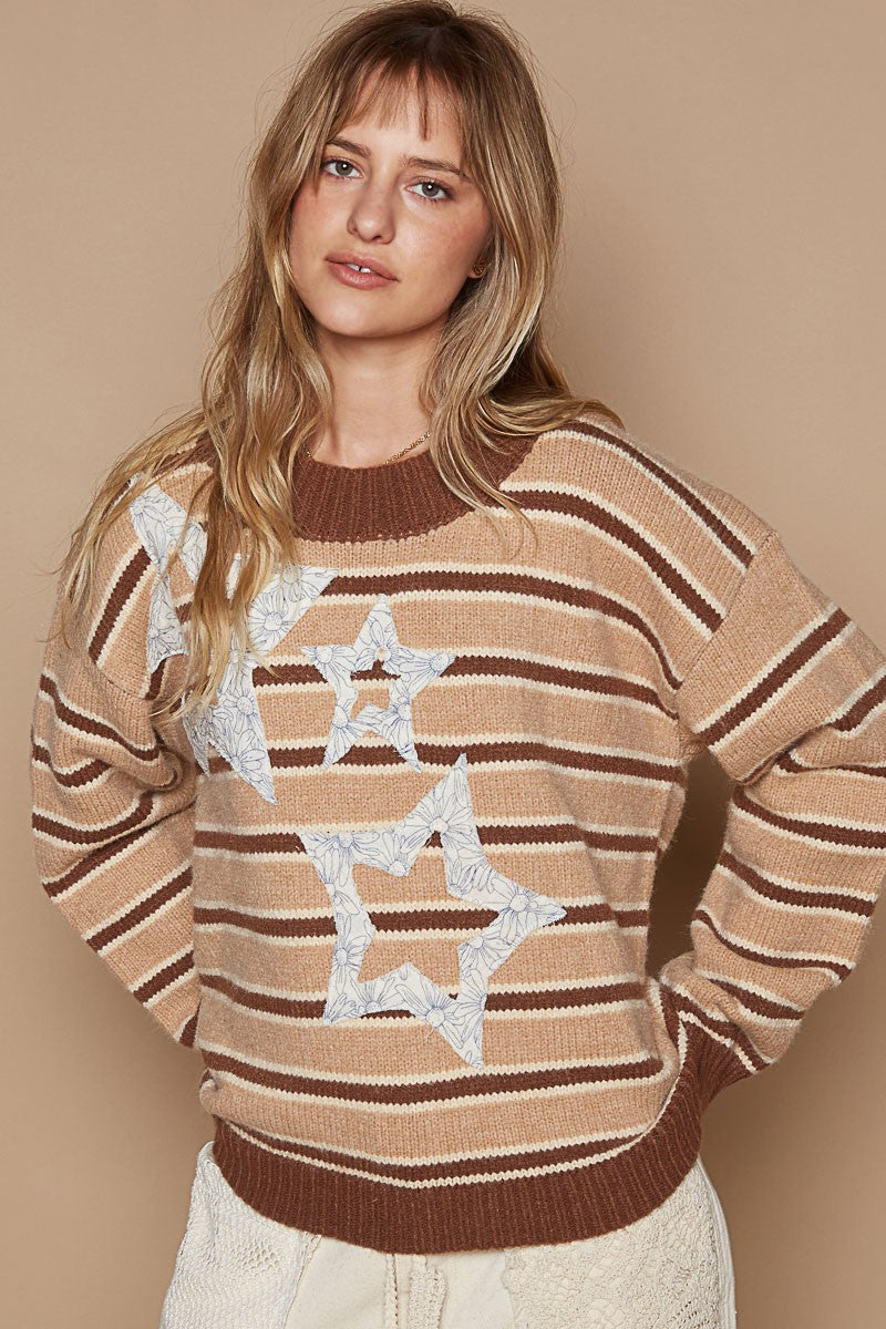 POL Star Patch Stripe Round Neck Sweater Tops/Jackets/Sweaters Clothing Tops POL Ship from USA TikTok Trendsi USPS Walmart Trendsi https://www.cyberehub.com