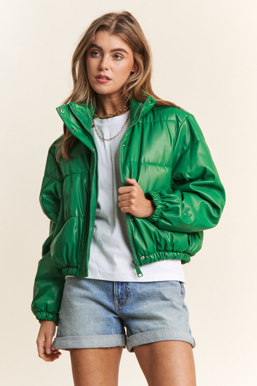 J.NNA Turtleneck Snap and Zipper Closure Crop Puff Jacket Shirt Apparel Clothing Tops J.NNA Ship from USA Shirts USA Women Trendsi https://www.cyberehub.com