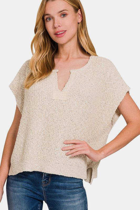 Zenana Short Sleeve Side Slit Sweater Sand Beige Shirt Apparel Clothing Tops Ship from USA Shirts USA Women Zenana Trendsi https://www.cyberehub.com