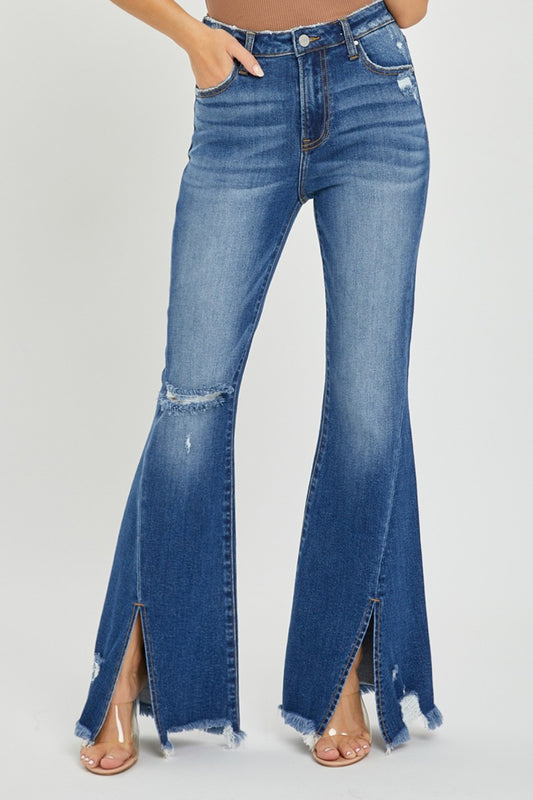 RISEN Full Size High Rise Front Slit Frayed Hem Flare Jeans Dark Bottoms Bottoms Clothing RISEN Ship from USA Women Trendsi https://www.cyberehub.com
