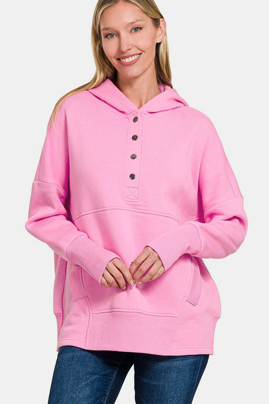 Zenana Half Snap Long Sleeve Hoodie with Kangaroo Pocket Fuchsia Pink Apparel/Tops Ship from USA TikTok Tops Trendsi USPS Walmart Walmart Apparel Zenana Trendsi https://www.cyberehub.com