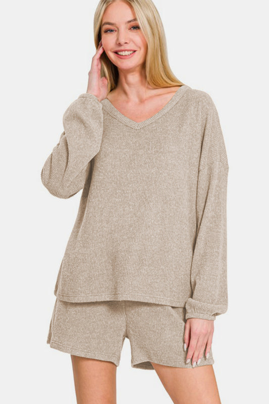 Zenana V-Neck Long Sleeve Ribbed Top and Shorts Set Khaki Apparel/Tops Ship from USA TikTok Tops Trendsi USPS Walmart Walmart Apparel Zenana Trendsi https://www.cyberehub.com
