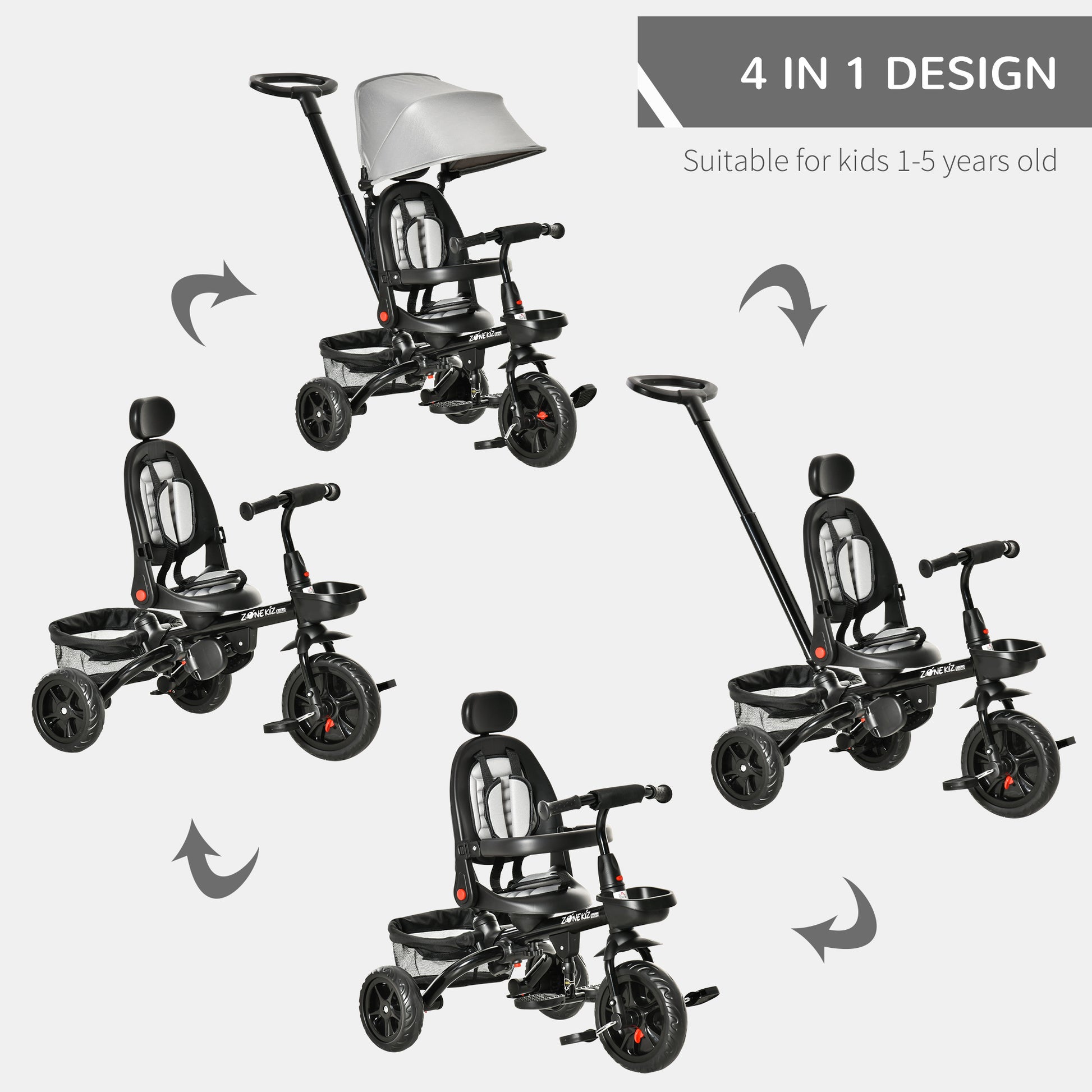 Baby Tricycle 4 In 1 Trike w/ Reversible Angle Adjustable Seat Removable Handle Canopy Handrail Belt Storage Footrest Brake Clutch for 1-5 Years Old Grey Giga GNJ Kids Toys Giga https://www.cyberehub.com
