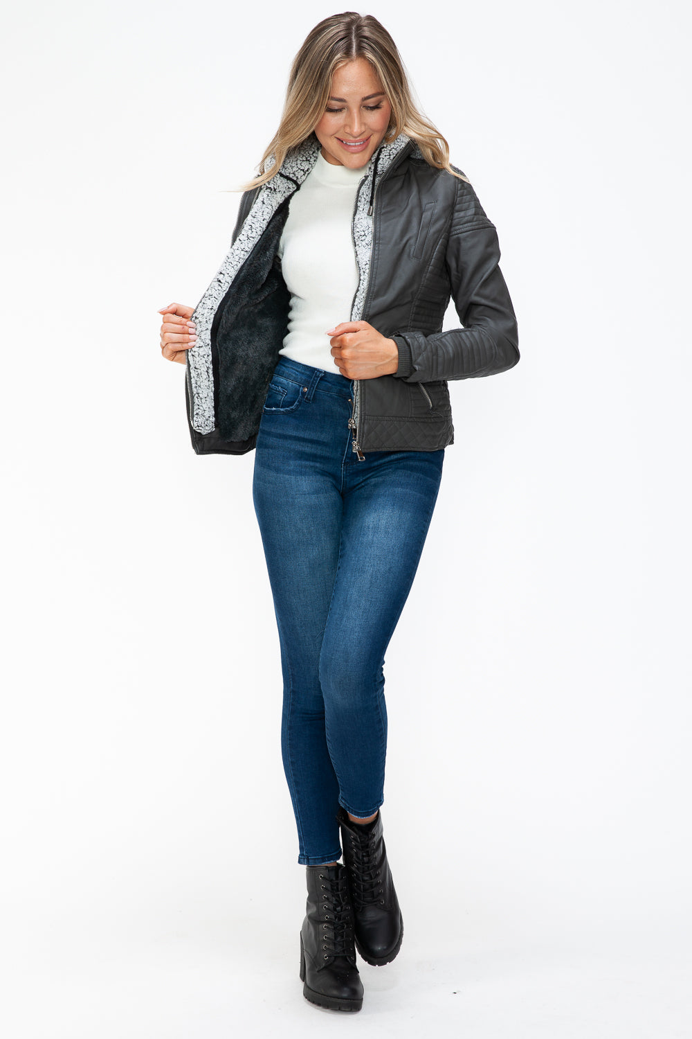 YMI Faux Layered Double-Zipper Jacket with Fuzzy Hood Tops/Jackets/Sweaters Clothing Tops Ship from USA TikTok Trendsi USPS Walmart YMI outerwear Trendsi https://www.cyberehub.com
