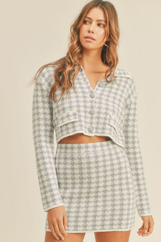 MABLE Houndstooth Cropped Knit Cardigan and Mini Skirt Set Blue Shirt Apparel Clothing Tops MABLE Ship from USA Shirts USA Women Trendsi https://www.cyberehub.com