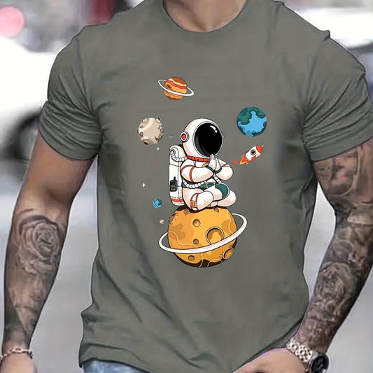 Summer Men's Casual Street Style Elastic Round Neck T-shirt With Cartoon Astronaut And Planet Patterns Apparel/Shirt/Graphic Shirt SNULLO https://www.cyberehub.com