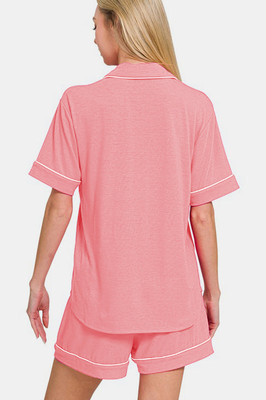 Zenana Button Down Short Sleeve Top and Shorts Lounge Set Apparel Apparel Ship from USA TikTok Trendsi Zenana Trendsi https://www.cyberehub.com