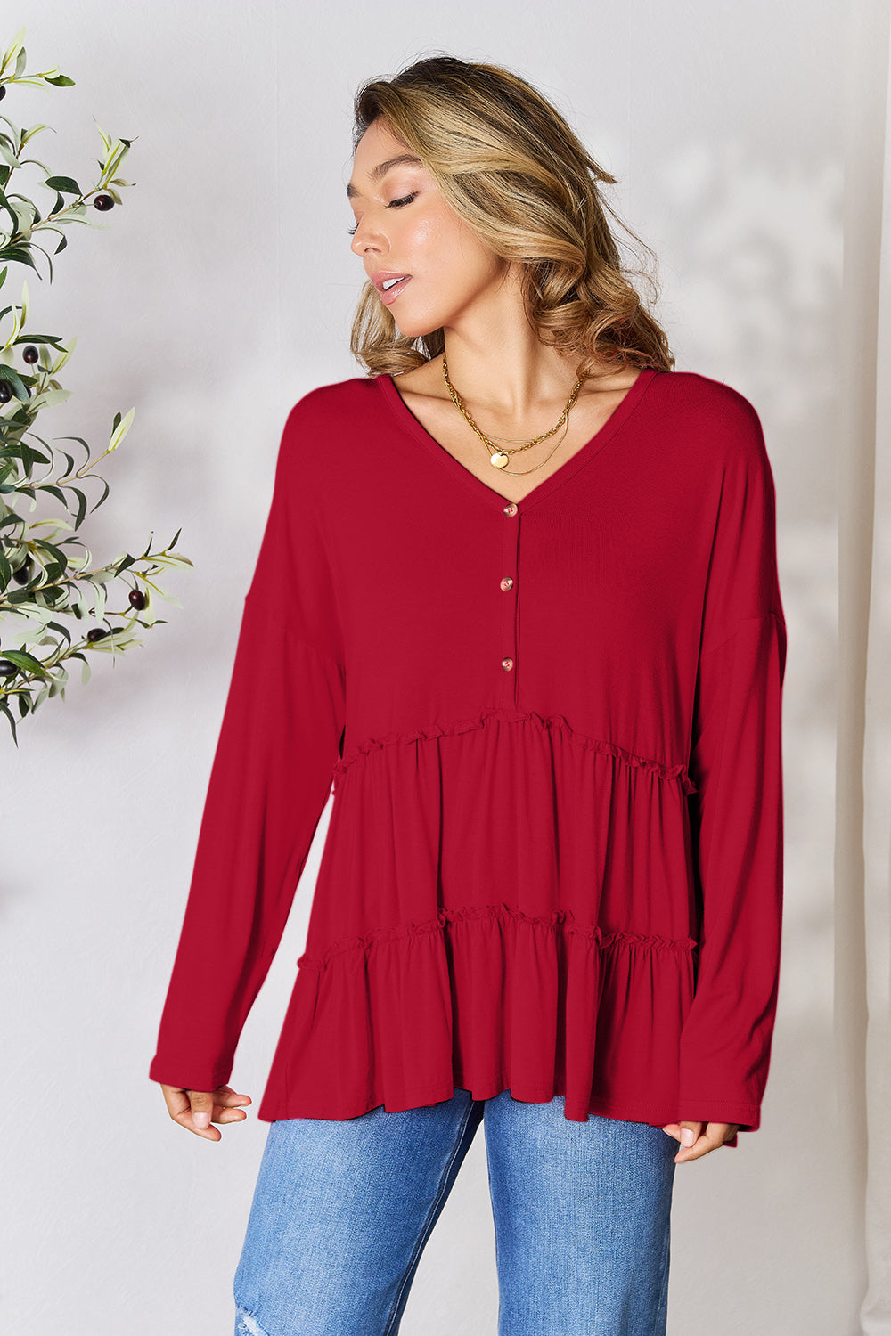 Double Take Half Button Long Sleeve Ruffle Hem Blouse Apparel/Tops Double Take Ship from USA TikTok Tops Trendsi USPS Walmart Walmart Apparel Trendsi https://www.cyberehub.com