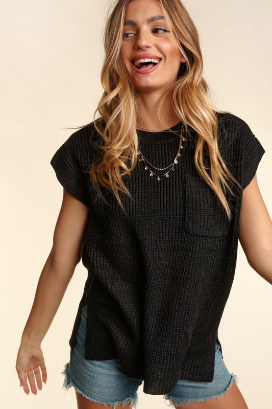 Haptics Pocketed Round Neck Cap Sleeve Knit Top Black Shirt Apparel Clothing Tops Haptics Ship from USA Shirts USA Women Trendsi https://www.cyberehub.com