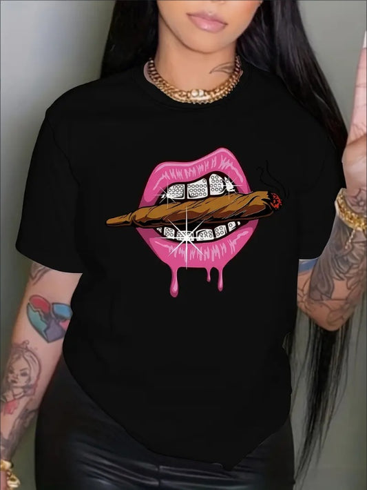 Lips Print Crew Neck Short Sleeve T-Shirt - Soft, Breathable, Relaxed Fit, Casual Chic Top For Spring And Summer - Women's Fashion Clothing For Everyday Wear Apparel/Shirt/Graphic Shirt SNULLO https://www.cyberehub.com