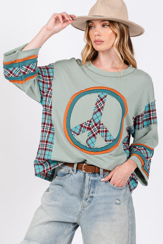 SAGE + FIG Peace Applique Patch Contrast Plaid Top Autumn Sage Tops/Jackets/Sweaters Clothing Tops SAGE+FIG Ship from USA TikTok Trendsi USPS Walmart Trendsi https://www.cyberehub.com