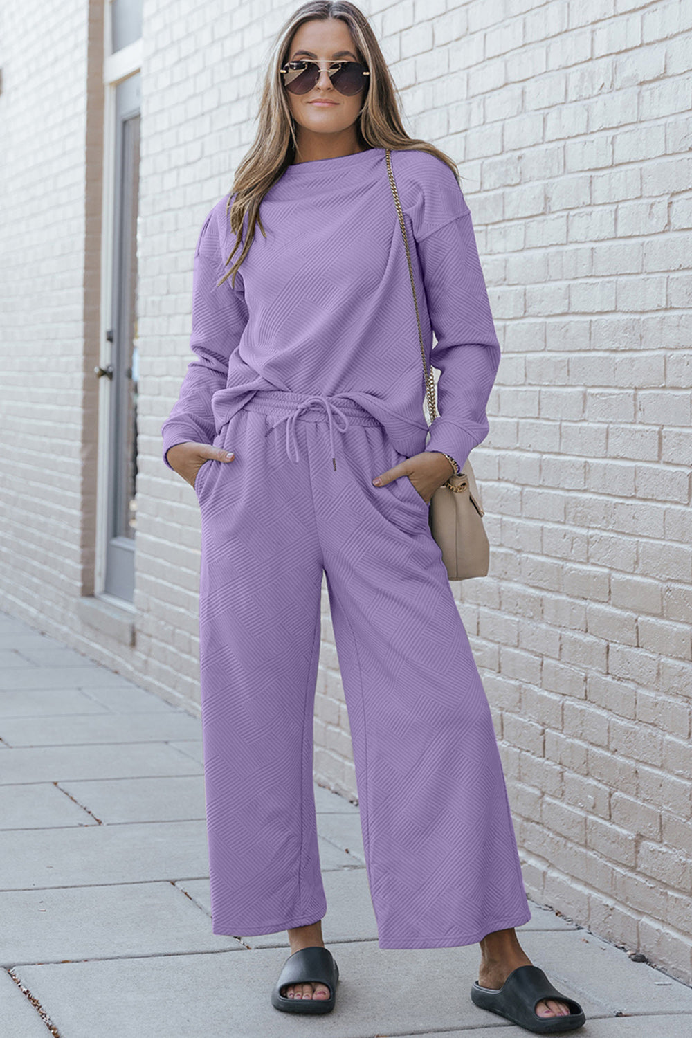 Double Take Full Size Textured Long Sleeve Top and Drawstring Pants Set Lavender Apparel/Tops Double Take Ship from USA TikTok Tops Trendsi USPS Walmart Walmart Apparel Trendsi https://www.cyberehub.com
