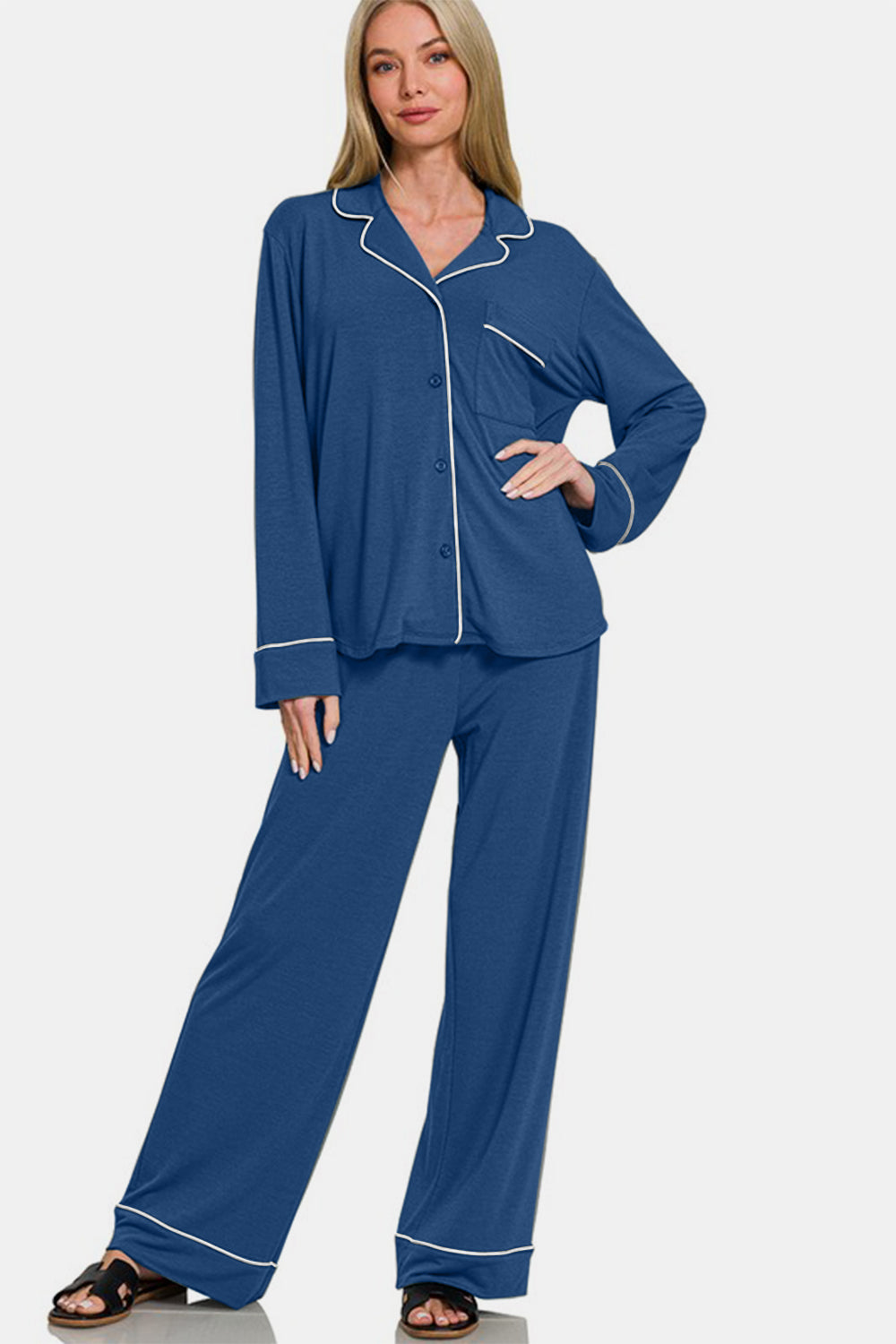 Zenana Button Down Long Sleeve Top and Pants Lounge Set Apparel Apparel Ship from USA TikTok Trendsi Zenana Trendsi https://www.cyberehub.com