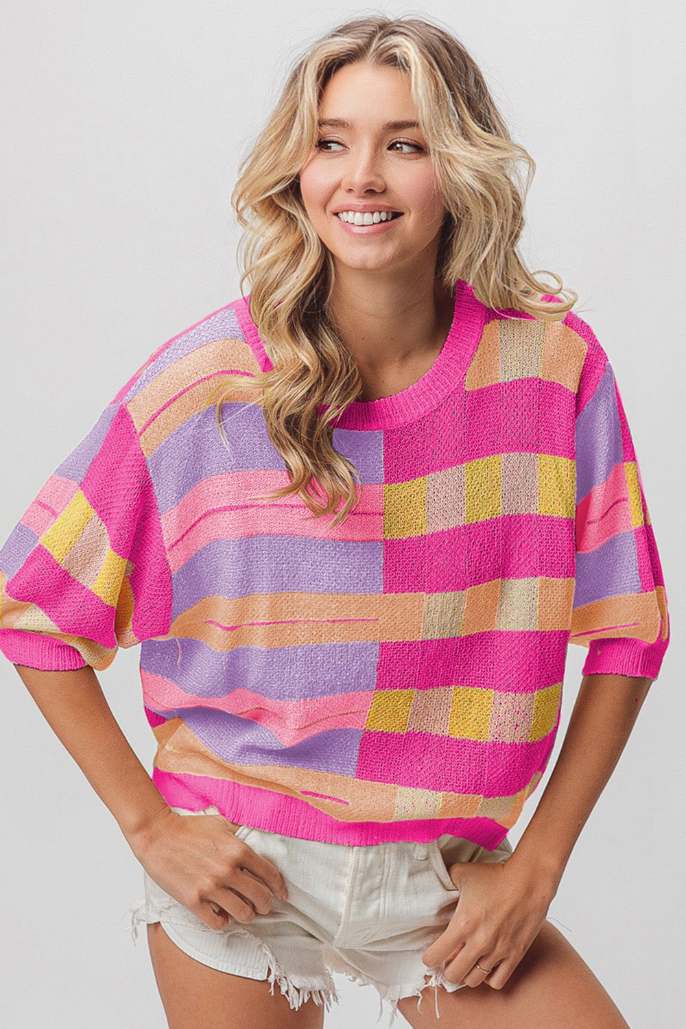 BiBi Multi Color Striped Round Neck Knit Top Fuch Peach Lavn Pink Shirt Apparel BiBi Clothing Tops Ship from USA Shirts USA Women Trendsi https://www.cyberehub.com