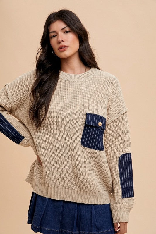 Annie Wear Contrast Round Neck Drop Shoulder Sweater with Patch Pocket Khaki Apparel Annie Wear Apparel Ship from USA TikTok Trendsi Trendsi https://www.cyberehub.com