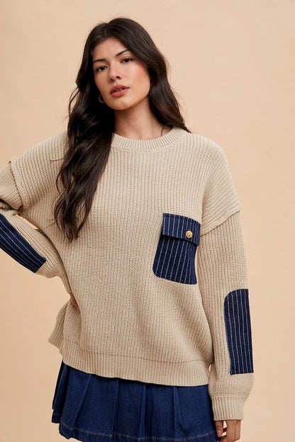 Annie Wear Contrast Round Neck Drop Shoulder Sweater with Patch Pocket Khaki Apparel Annie Wear Apparel Ship from USA TikTok Trendsi Trendsi https://www.cyberehub.com