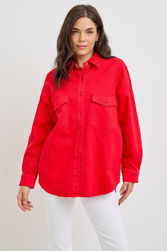 RISEN Button Down Long Sleeve Denim Shacket with Chest Pockets Scarlet Tops/Jackets/Sweaters Clothing Tops RISEN Ship from USA TikTok Trendsi USPS Walmart Trendsi https://www.cyberehub.com
