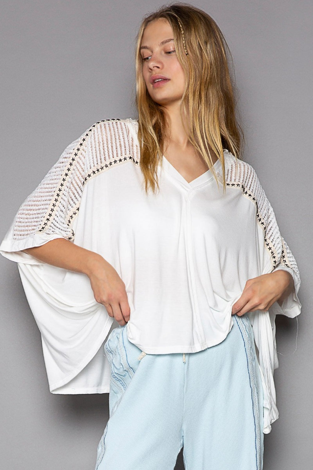 POL Oversize V-Neck Crochet Lace Contrast Studded Top Apparel/Tops POL Ship from USA TikTok Tops Trendsi USPS Walmart Walmart Apparel Trendsi https://www.cyberehub.com