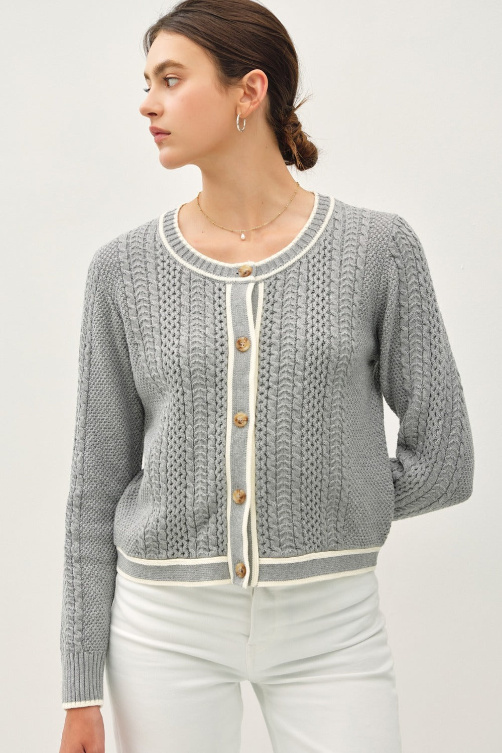 Be Cool Cable Knit Long Sleeve Contrast Edge Cardigan Gray Tops/Jackets/Sweaters BE COOL Clothing Tops Ship from USA TikTok Trendsi USPS Walmart Trendsi https://www.cyberehub.com