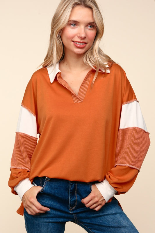 Haptics Color Block Exposed Seam Long Sleeve Top Rust Tops/Jackets/Sweaters Clothing Tops Haptics Ship from USA TikTok Trendsi USPS Walmart Trendsi https://www.cyberehub.com