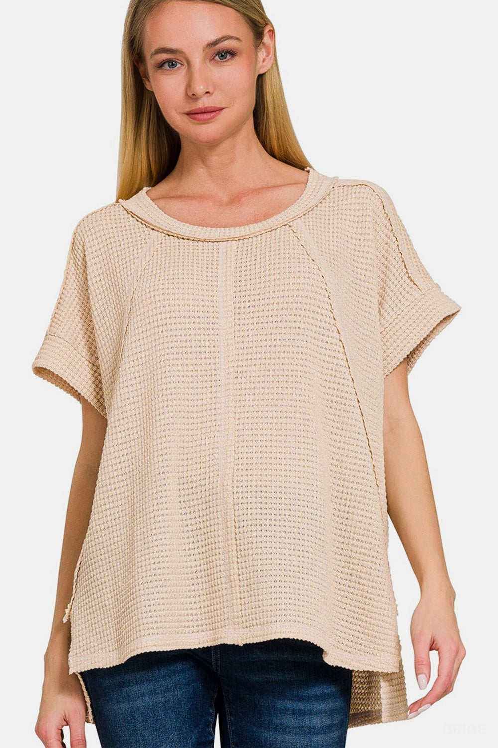 Zenana Waffle Exposed-Seam Short Sleeve T-Shirt Beige Tops/Jackets/Sweaters Clothing Tops Ship from USA TikTok Trendsi USPS Walmart Zenana Trendsi https://www.cyberehub.com