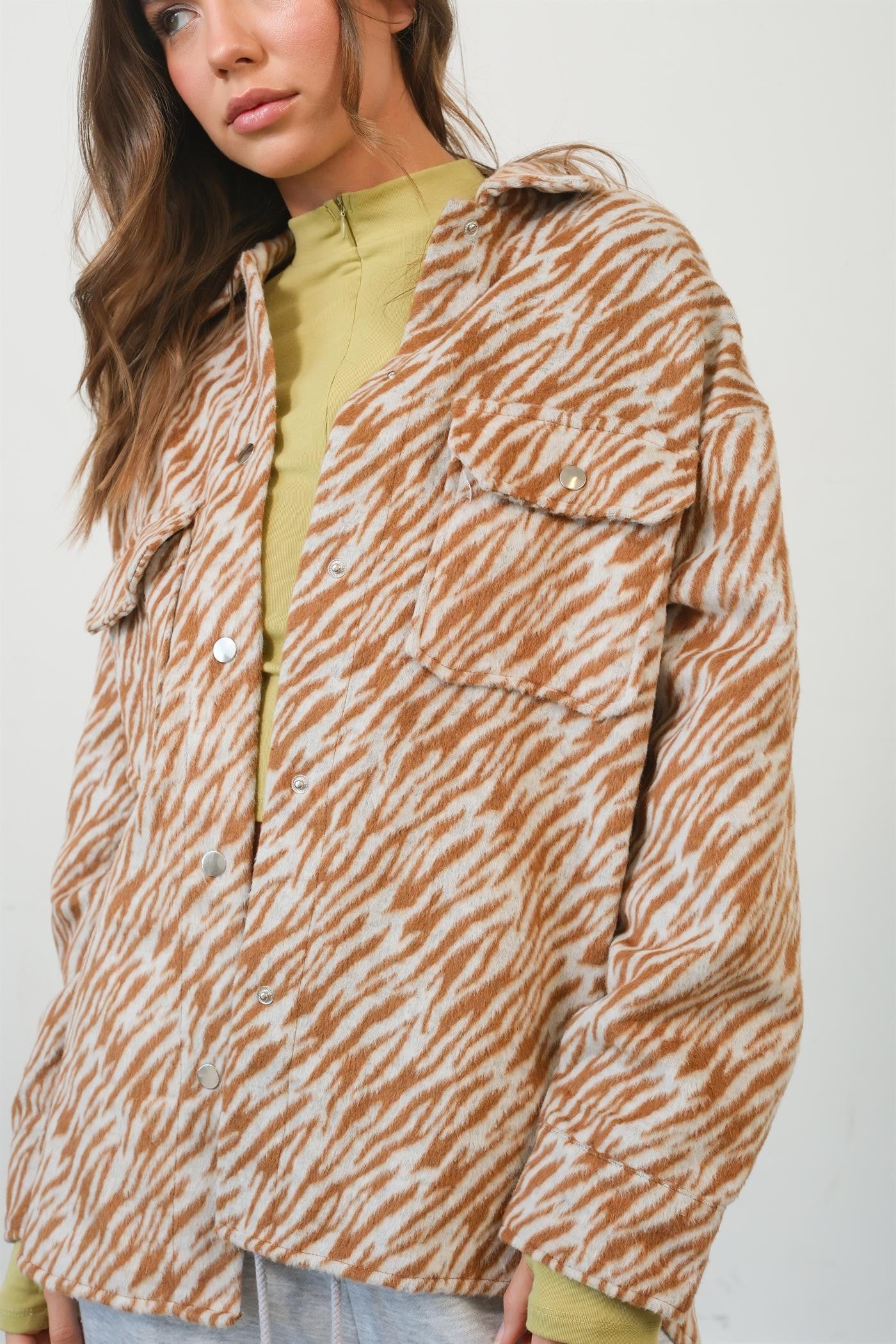 HYFVE Zebra Print Snap Down Long Sleeve Shacket Camel Tops/Jackets/Sweaters Clothing Tops HYFVE Ship from USA TikTok Trendsi USPS Walmart Trendsi https://www.cyberehub.com
