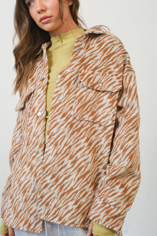 HYFVE Zebra Print Snap Down Long Sleeve Shacket Camel Tops/Jackets/Sweaters Clothing Tops HYFVE Ship from USA TikTok Trendsi USPS Walmart Trendsi https://www.cyberehub.com