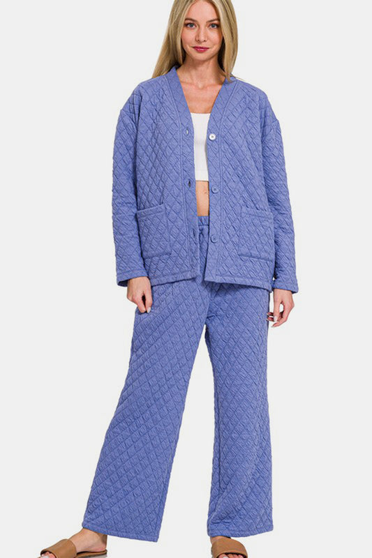 Zenana Quilted Button Up Long Sleeve Top and Pants Lounge Set Blue Purple Apparel Apparel Ship from USA TikTok Trendsi Zenana Trendsi https://www.cyberehub.com