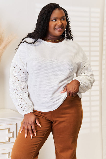 Shiny Eyelet Dropped Shoulder Round Neck Blouse Apparel/Tops Doorbusters Shiny Ship from USA TikTok Tops Trendsi USPS Walmart Walmart Apparel Trendsi https://www.cyberehub.com