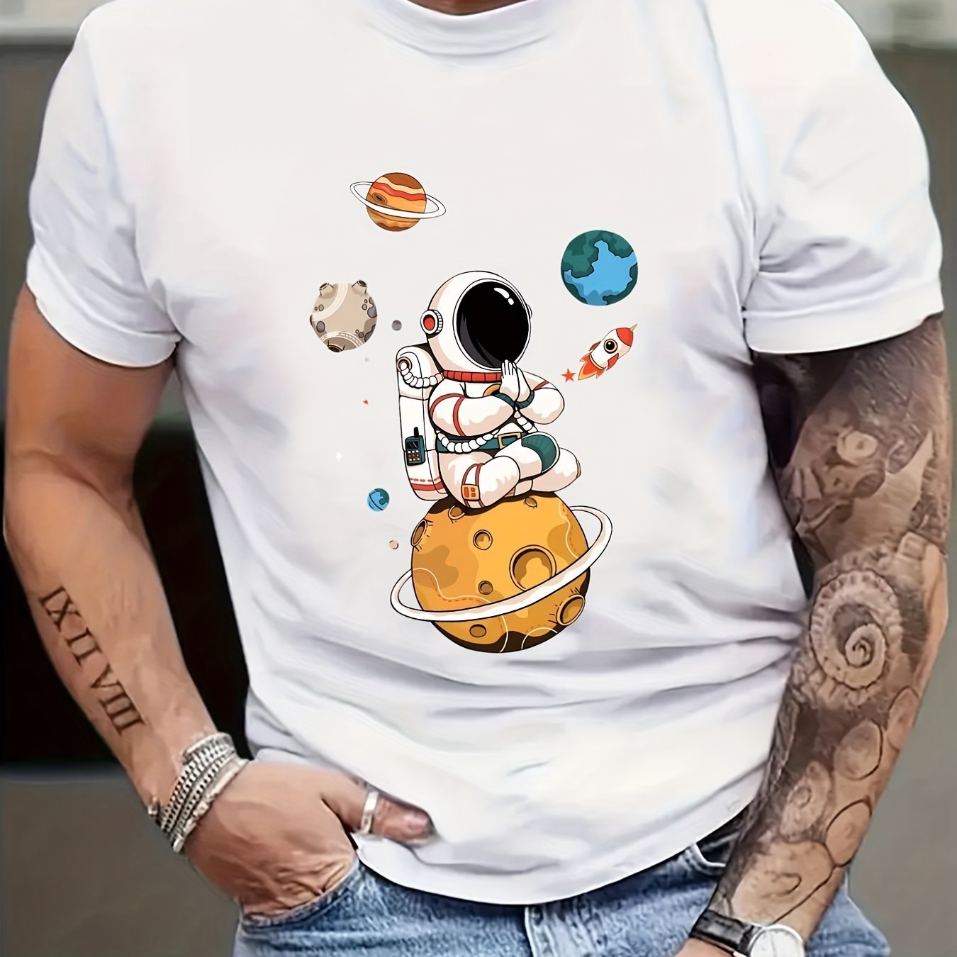 Summer Men's Casual Street Style Elastic Round Neck T-shirt With Cartoon Astronaut And Planet Patterns White Apparel/Shirt/Graphic Shirt SNULLO https://www.cyberehub.com