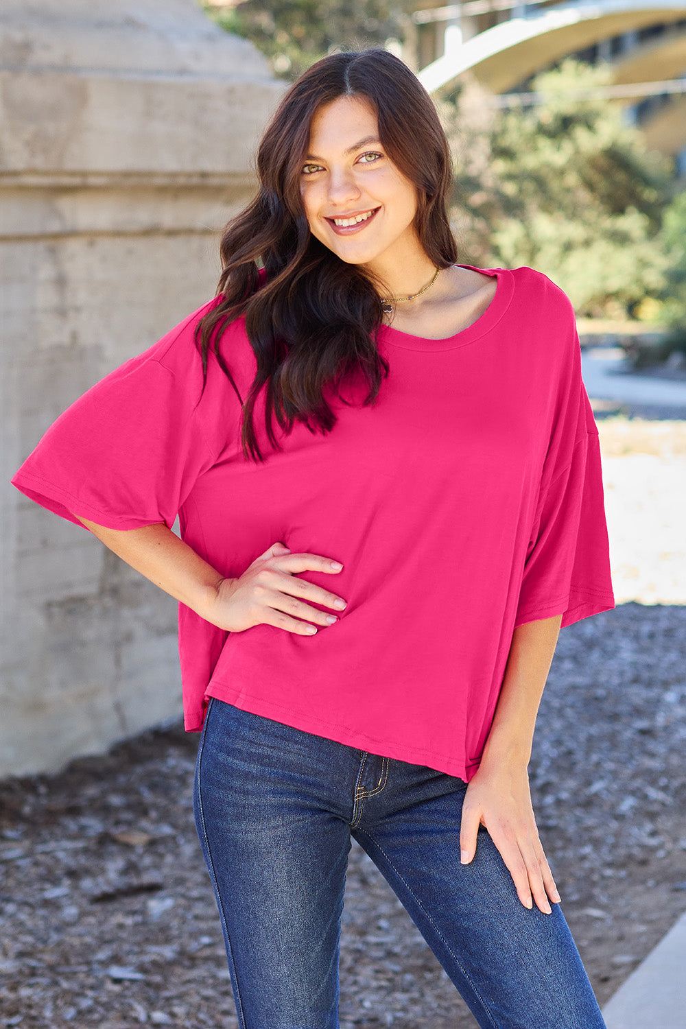 Basic Bae Full Size Round Neck Drop Shoulder T-Shirt Hot Pink Apparel/Tops Basic Bae Ship from USA TikTok Tops Trendsi USPS Walmart Walmart Apparel Trendsi https://www.cyberehub.com