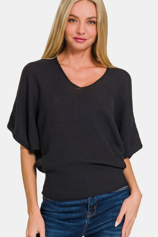 Zenana V-Neck Short Sleeve Dolman Sweater Black Shirt Apparel Clothing Tops Ship from USA Shirts USA Women Zenana Trendsi https://www.cyberehub.com