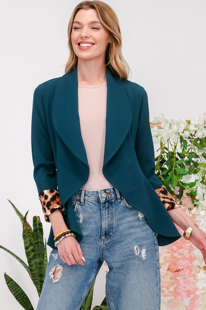 Celeste Full Size Rolled Leopard Cuff Open Front Blazer Tops/Jackets/Sweaters Celeste Clothing Tops Ship from USA TikTok Trendsi USPS Walmart Trendsi https://www.cyberehub.com