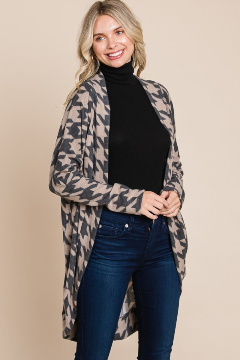 BOMBOM Houndstooth Open Front Cocoon Knit Cardigan Shirt Apparel BOMBOM Clothing Tops Ship from USA Shirts USA Women Trendsi https://www.cyberehub.com