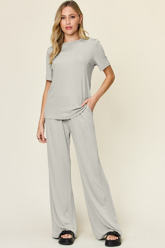 Double Take Full Size Round Neck Short Sleeve T-Shirt and Wide Leg Pants Set Light Gray Apparel/Tops Double Take Ship from USA TikTok Tops Trendsi USPS Walmart Walmart Apparel Trendsi https://www.cyberehub.com
