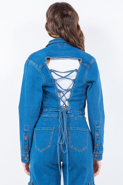 American Bazi Laced Back Cropped Denim Jacket Tops/Jackets/Sweaters American Bazi Clothing Tops Memorial Day Sale Ship from USA TikTok Trendsi USPS Walmart Trendsi https://www.cyberehub.com