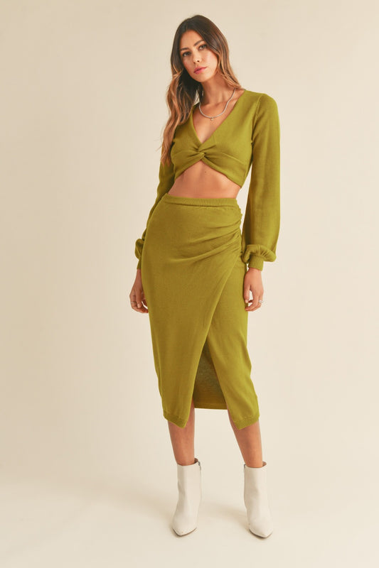 MABLE Front Twisted Knit Top and Midi Skirt Set Moss Green Shirt Apparel Clothing Tops MABLE Ship from USA Shirts USA Women Trendsi https://www.cyberehub.com