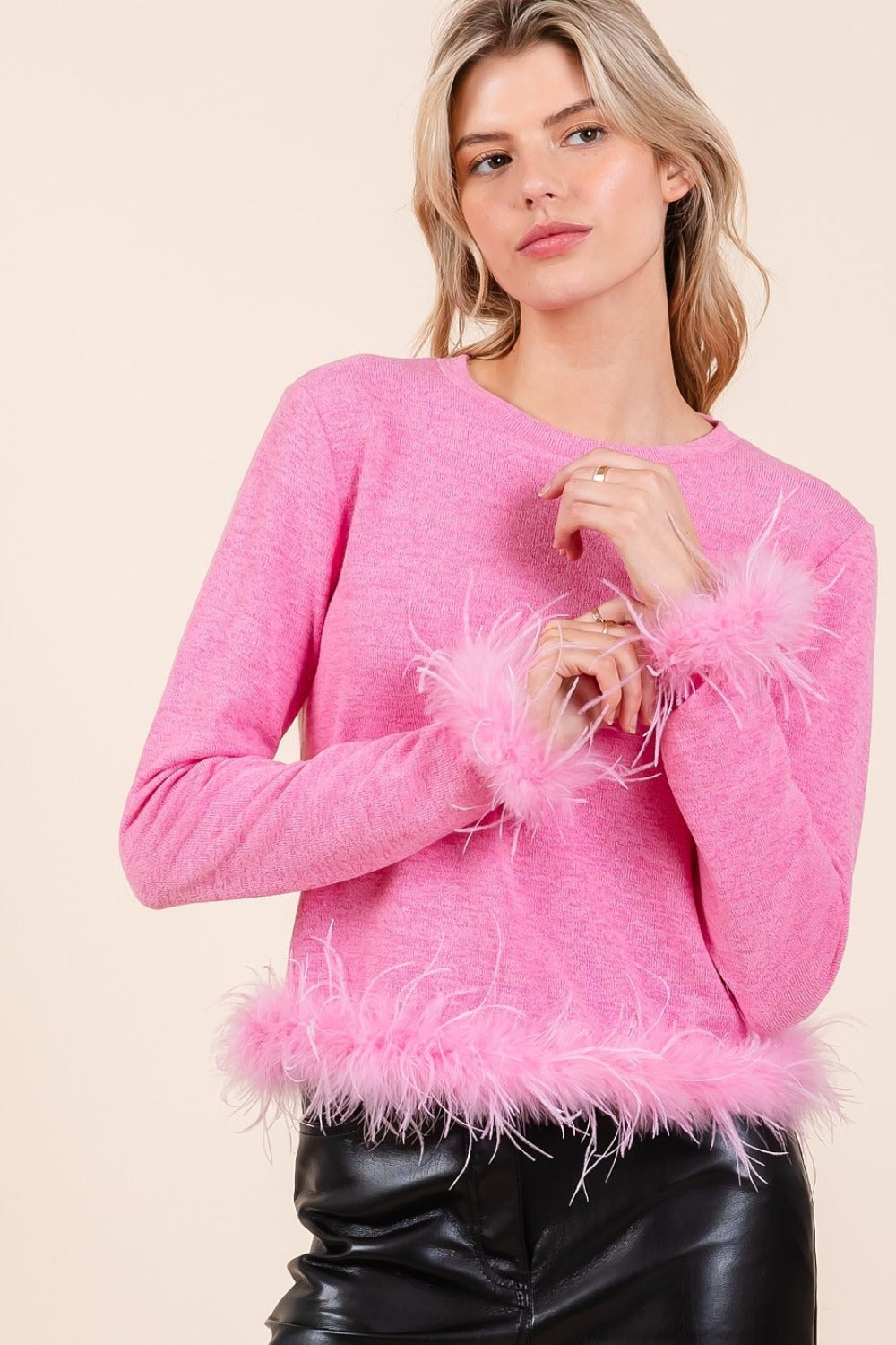 Mittoshop Feather Trim Long Sleeve Crop Hacci Knit Top Shirt Apparel Clothing Tops Mittoshop Ship from USA Shirts USA Women Trendsi https://www.cyberehub.com