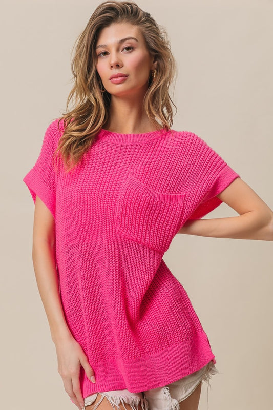 BiBi Patch Pocket Short Sleeve Sweater Fuchsia Shirt Apparel BiBi Clothing Tops Ship from USA Shirts USA Women Trendsi https://www.cyberehub.com