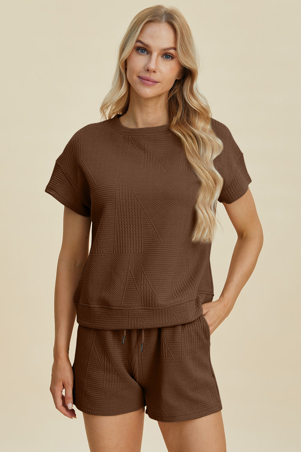 Double Take Full Size Texture Short Sleeve Top and Shorts Set Tops/Jackets/Sweaters Clothing Tops Double Take Outlets 2.20-3.30 Ship from USA TikTok Trendsi USPS Walmart Trendsi https://www.cyberehub.com