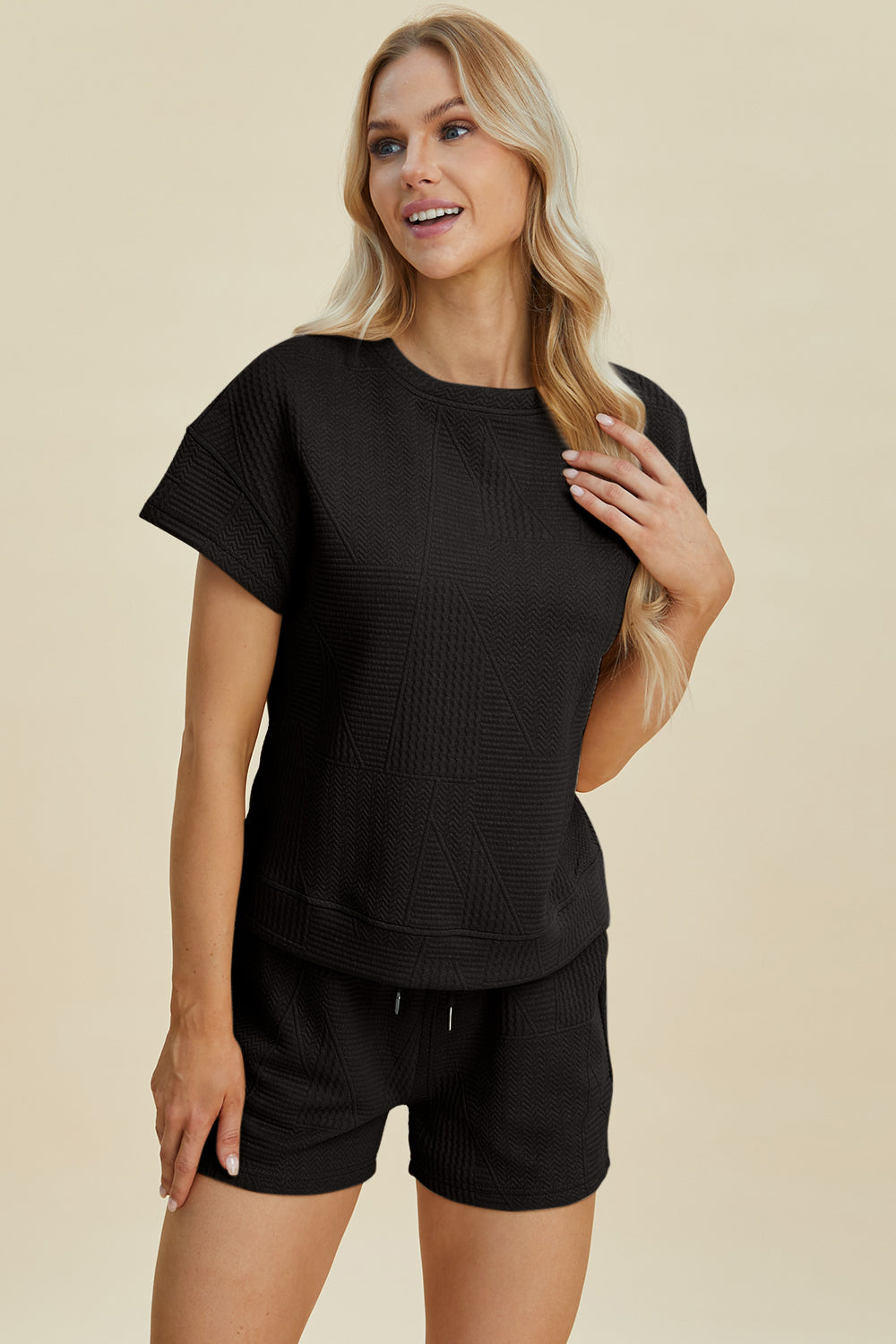 Double Take Full Size Texture Short Sleeve Top and Shorts Set Tops/Jackets/Sweaters Clothing Tops Double Take Outlets 2.20-3.30 Ship from USA TikTok Trendsi USPS Walmart Trendsi https://www.cyberehub.com