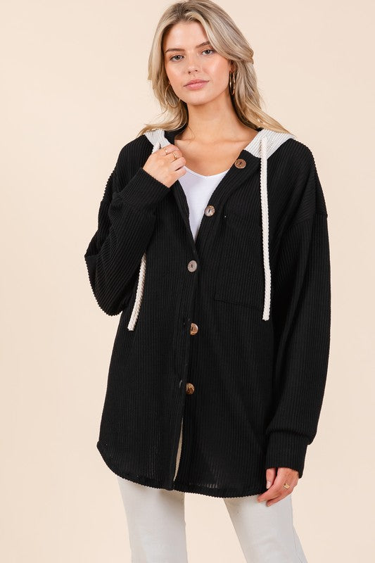 BOMBOM Textured Button Down Drawstring Hooded Shacket Black Apparel Apparel BOMBOM Ship from USA TikTok Trendsi Trendsi https://www.cyberehub.com